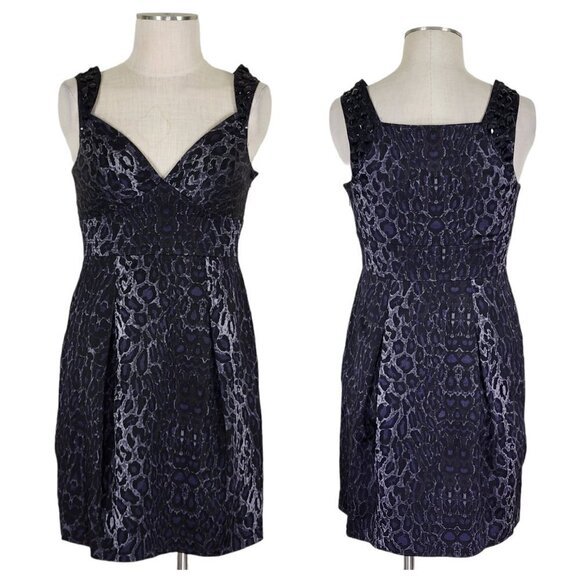 BCBGMaxAzria Dress Sz 6 Embellished Shoulder Wool Silk Leopard Blue Black Silver - Picture 1 of 14